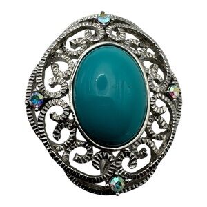 Vintage Silver-Tone Filigree‎ Brooch with Turquoise Cabochon & Aurora Borealis